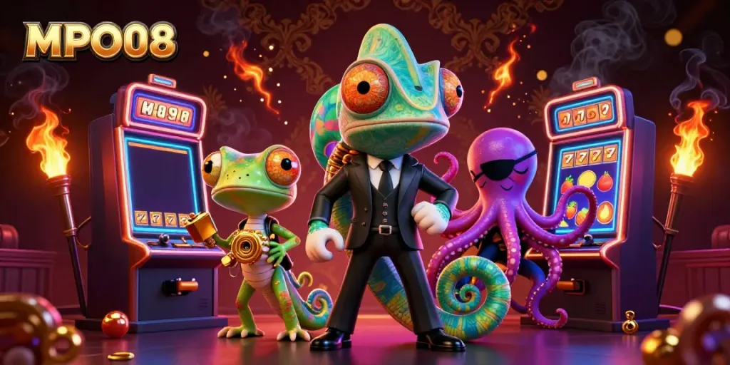Engage with MPO08 in a vibrant casino scene featuring slot machines and animated characters.