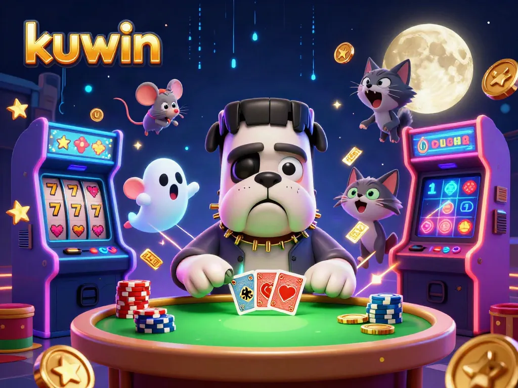 Kuwin casino players enjoy thrilling card games at a vibrant table with spooky elements in an engaging atmosphere.