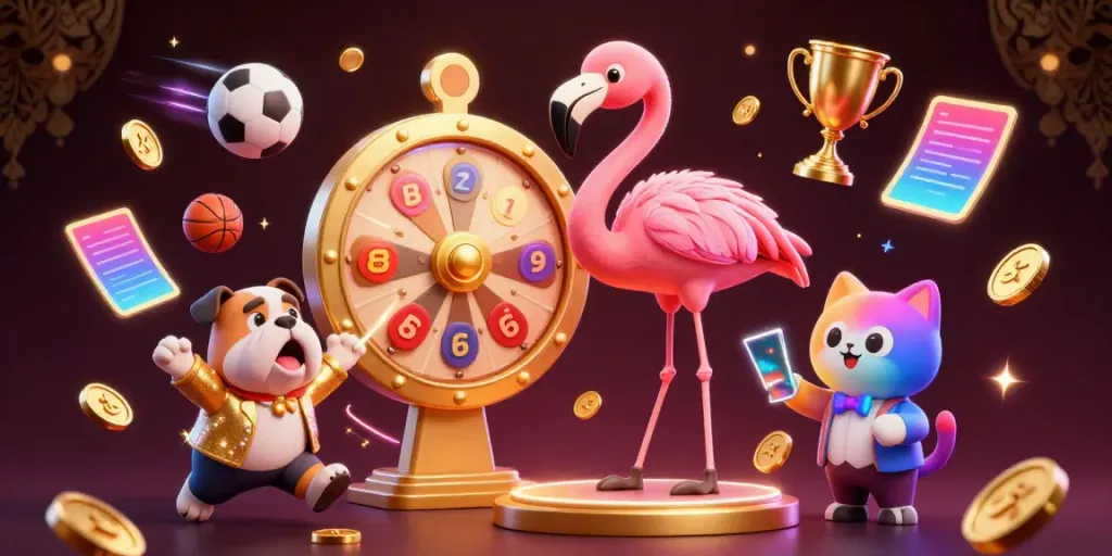 Lead Roedl features a colorful scene with a game show host flamingo, bulldog contestant, and scoreboard cat assistant amidst dynamic sports elements.