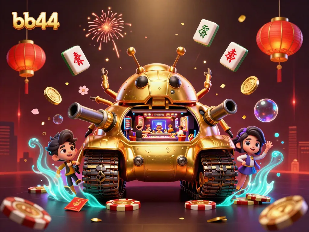 bb44 showcases an enchanting digital casino scene with a golden beetle tank revealing a vibrant miniature casino.