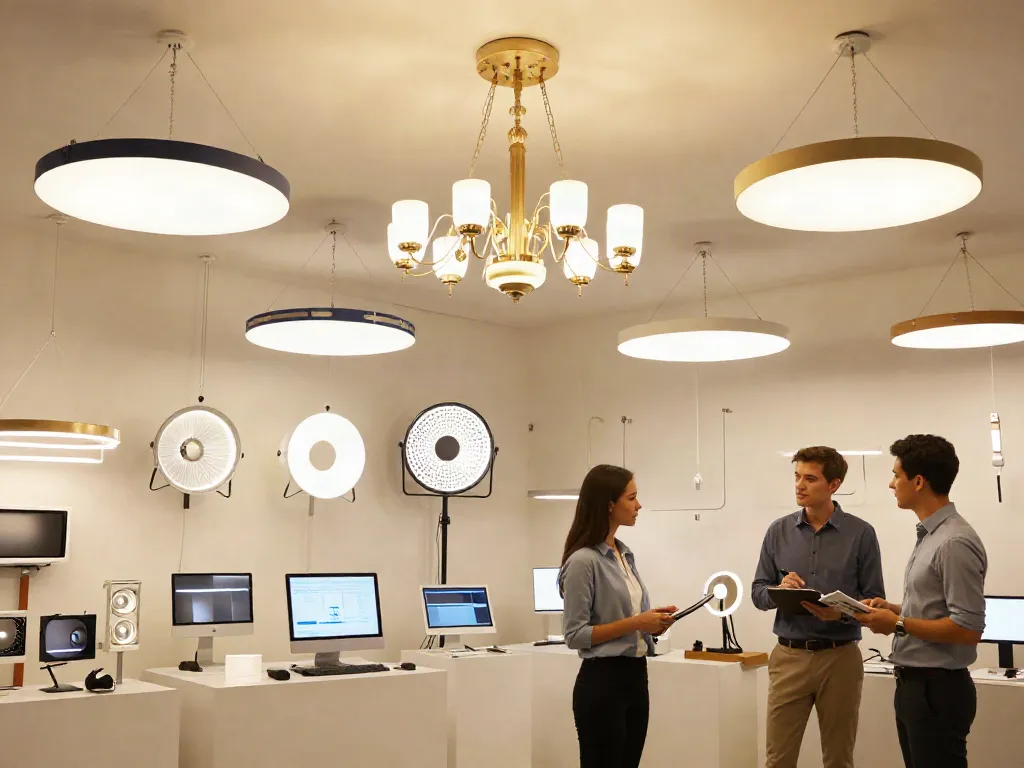 Expert în lumini demonstrând o lustra LED în showroom în apropierea ta.