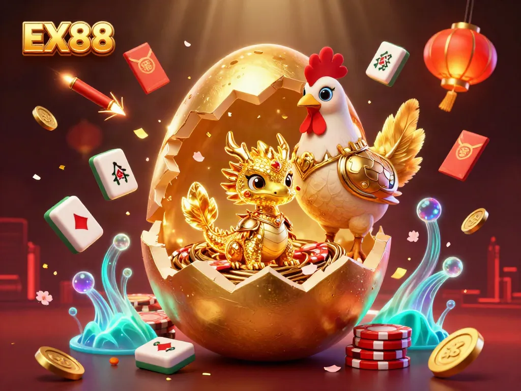 Experience the excitement of EX88 with a vibrant 3D casino scene showcasing golden elements and poker chips.