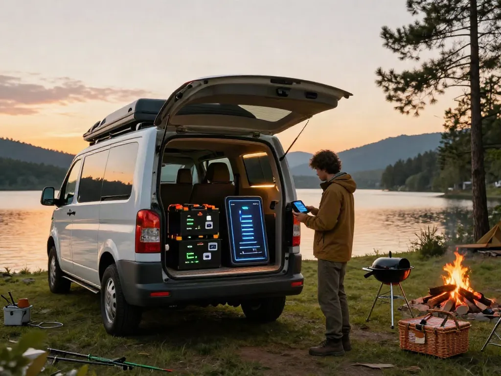 Lithium RV batteries in a camper van setup by a serene lake, showcasing outdoor adventure.