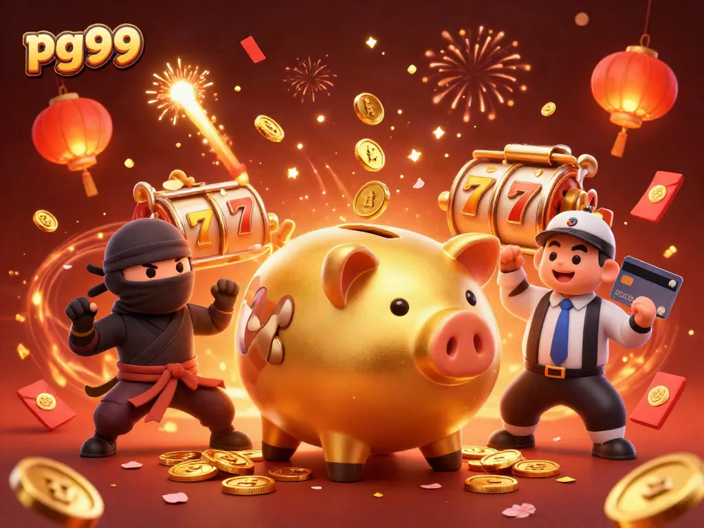 Engage with pg99's dynamic gaming experience featuring a golden piggy bank wrestler.