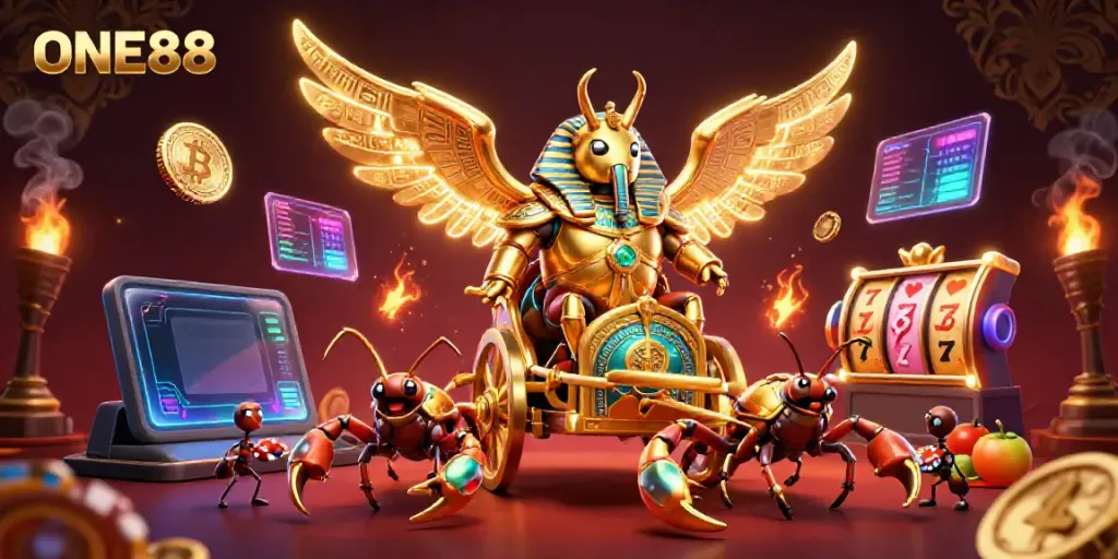 Engage in thrilling casino gameplay with ONE88's vibrant slot reels and NFT displays.