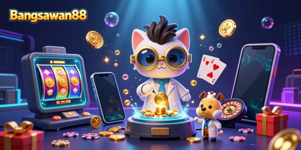 Bangsawan88 presents a lively scene with a scientist cat and dog, dynamic gambling elements, and golden coins