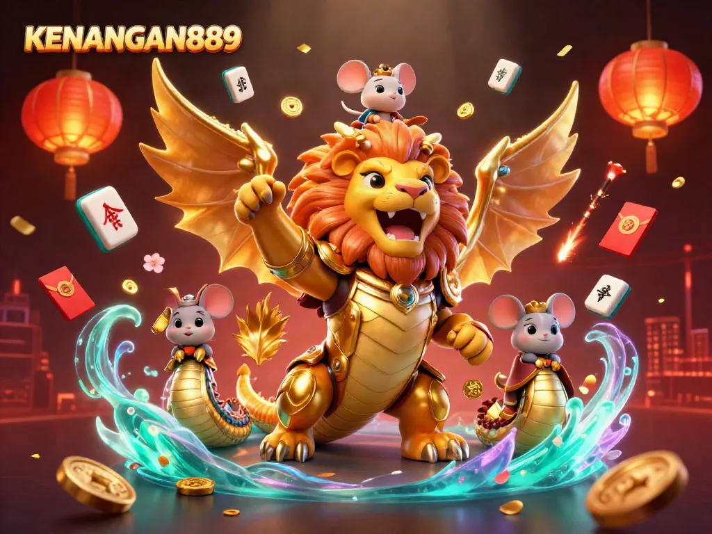 Join the excitement at KENANGAN889, where a victorious chimera and a brave jockey celebrate amidst rich casino elements.