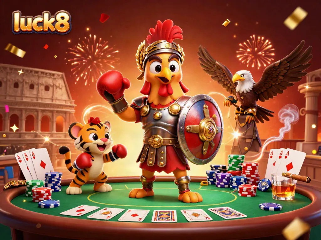 Engage in thrilling gameplay at luck8 with vibrant casino elements surrounding a gladiator rooster and tiger cub.