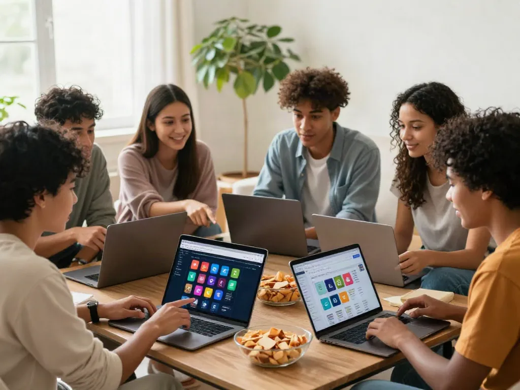 Friends exploring various 링크사이트 together on a laptop in a cozy living room.