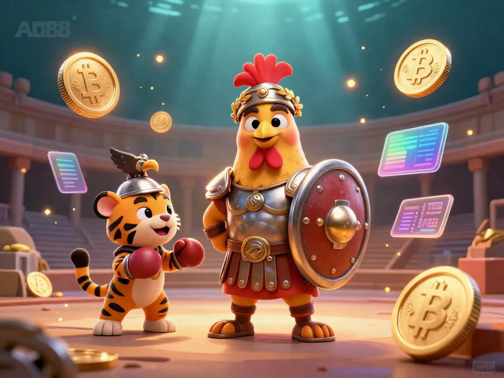 Engage with AD88 in this vibrant 3D scene featuring a gladiator rooster and exciting crypto-themed elements.