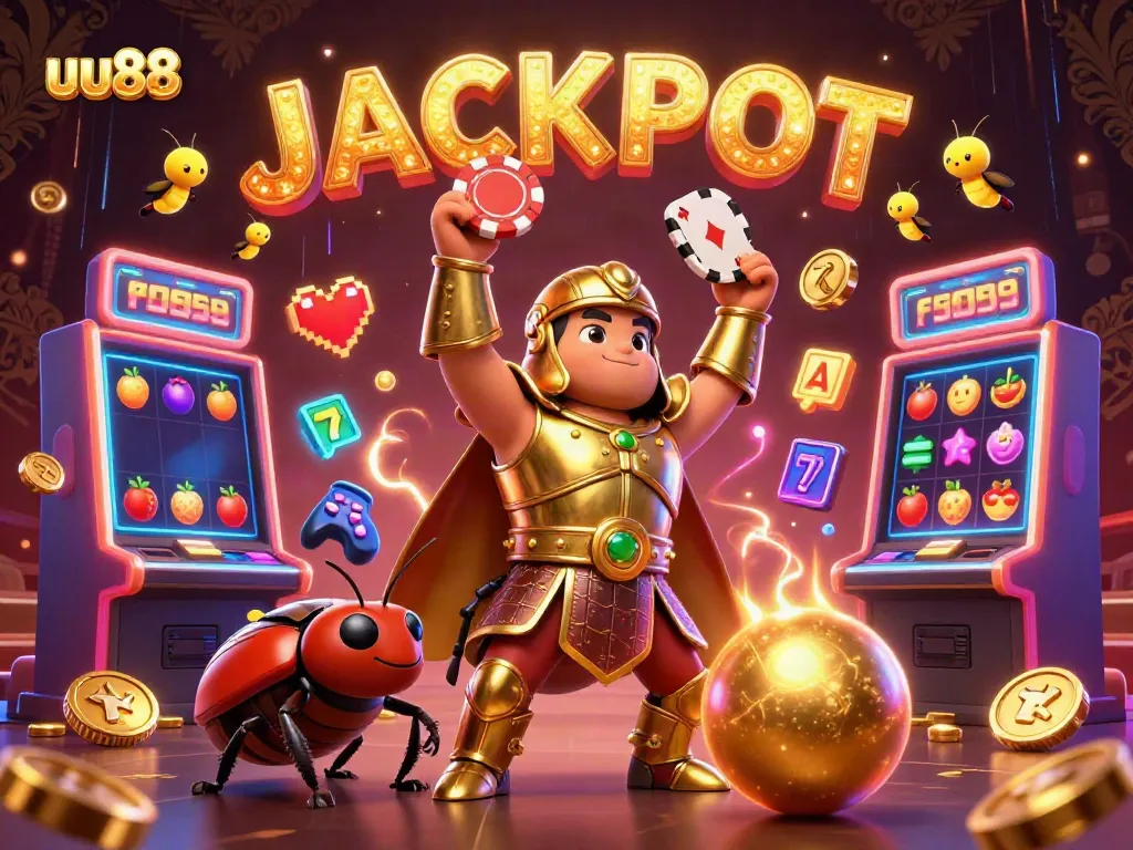 uu88 wins with a hero beetle in golden armor celebrating a jackpot among vibrant slot machines.