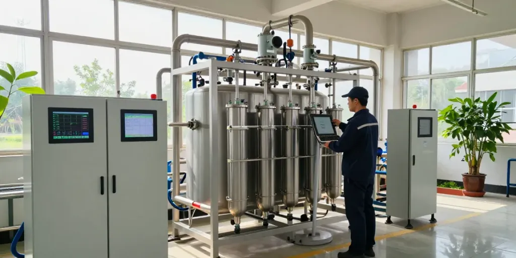 Innovative water treatment system manufacturer inspecting advanced filtration technology.