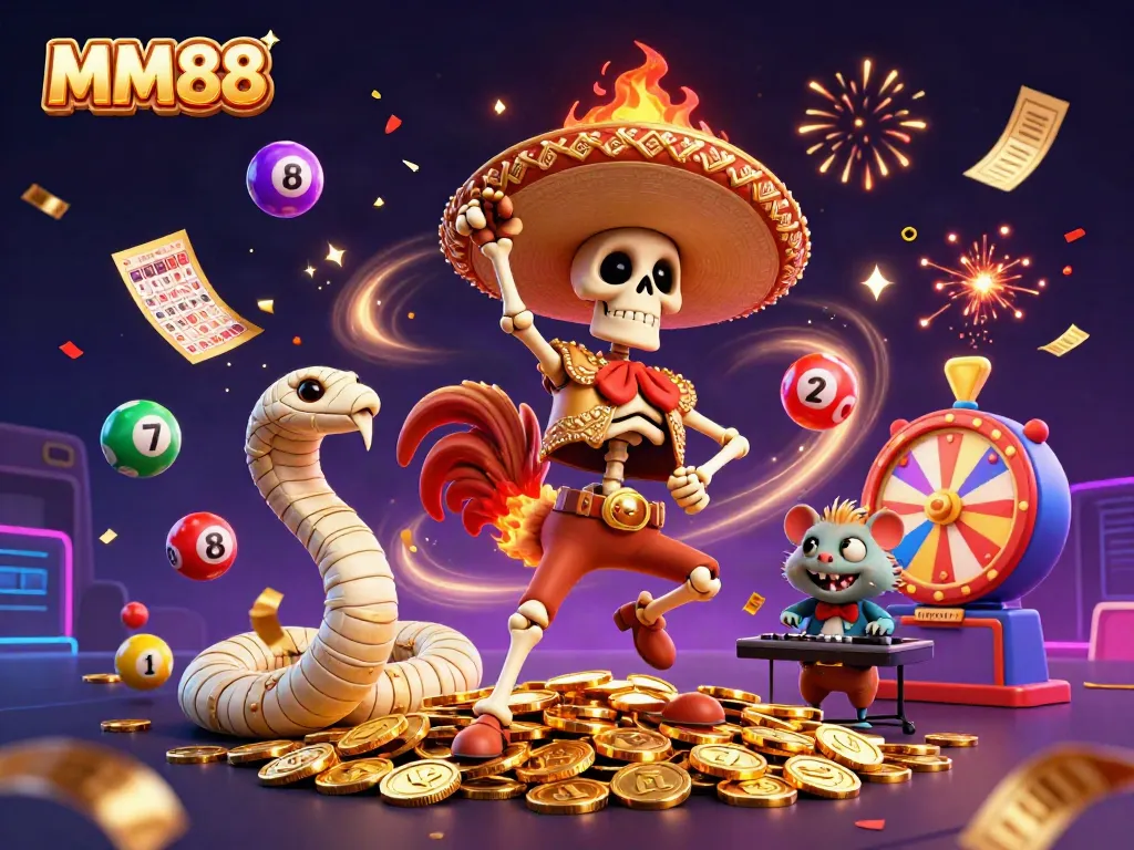 Experience thrilling wins with MM88 in this vibrant casino scene featuring festive characters and dynamic elements.