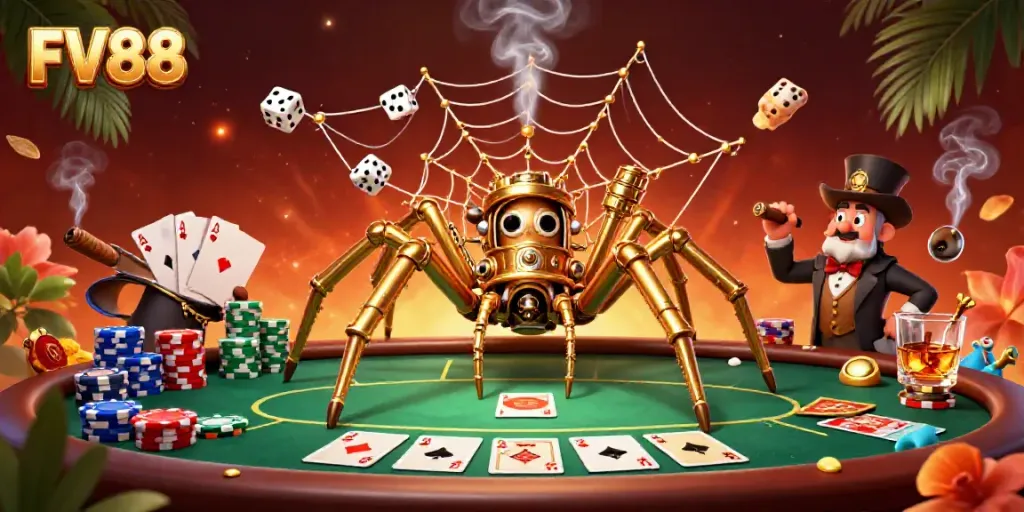 Catch the essence of FV88 through a vibrant 3D illustration featuring casino elements.