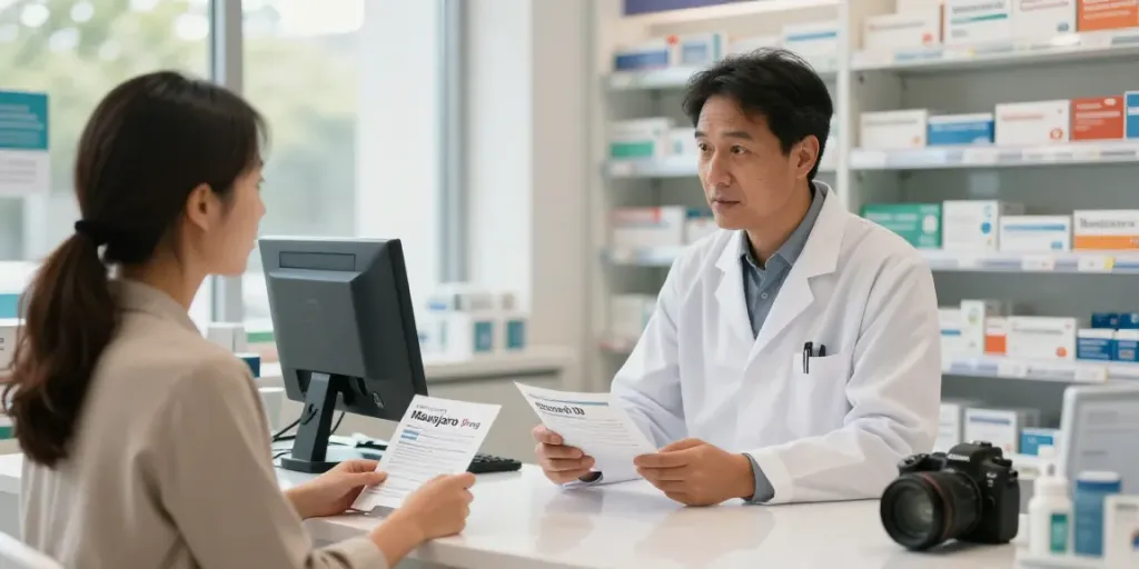 Mounjaro 10 mg Prezzo discussion in a modern pharmacy, pharmacist assisting patient.