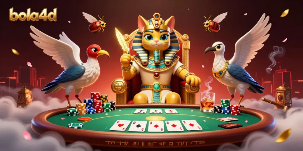 Experience thrilling gameplay as the 3D pharaoh cat and ibis illustrate action in bola4d's dynamic gambling scene.
