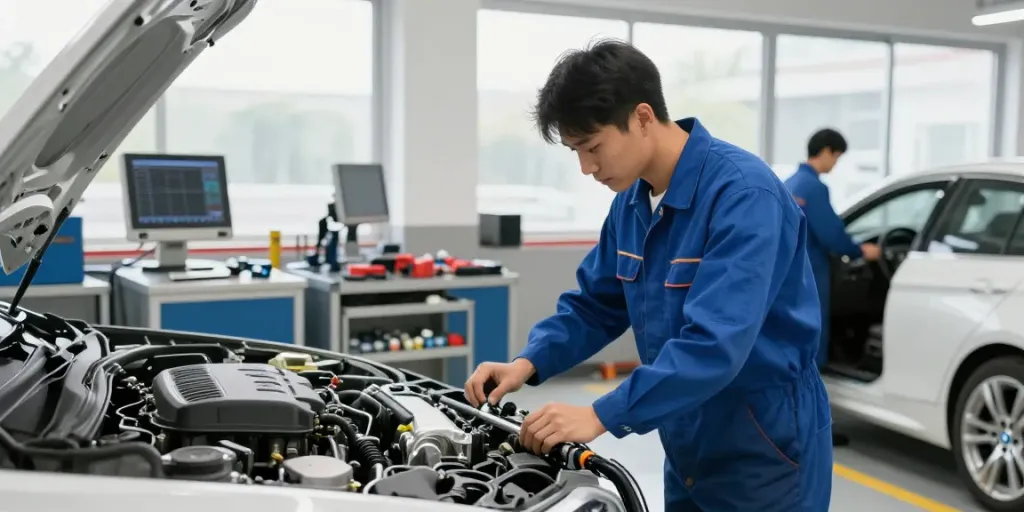 Mechaniker in einer BMW Werkstatt Hannover inspiziert einen Motor.