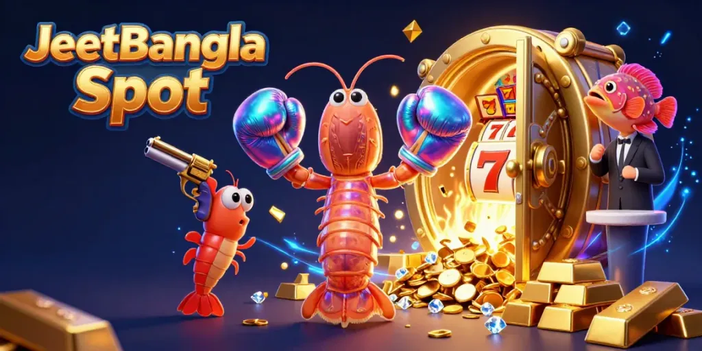 Engage with JeetBangla Slot's vibrant gaming scene, featuring a 3D mantis shrimp and dynamic jackpot elements.