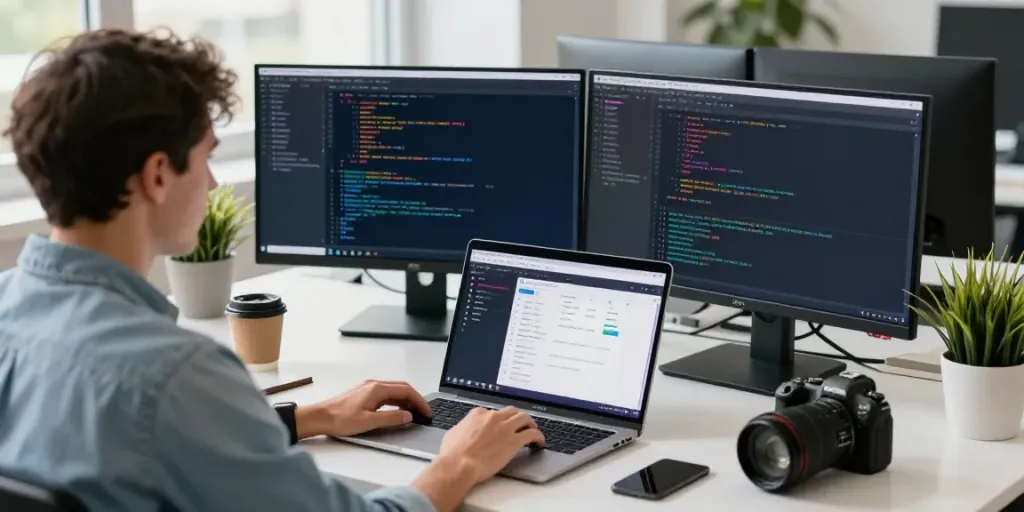 Developer using 2113 Apps in a modern tech workspace with dual monitors.