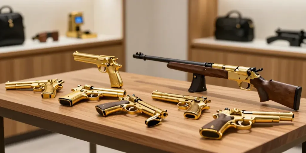 Gold plated guns showcased in premium online shopping experience.