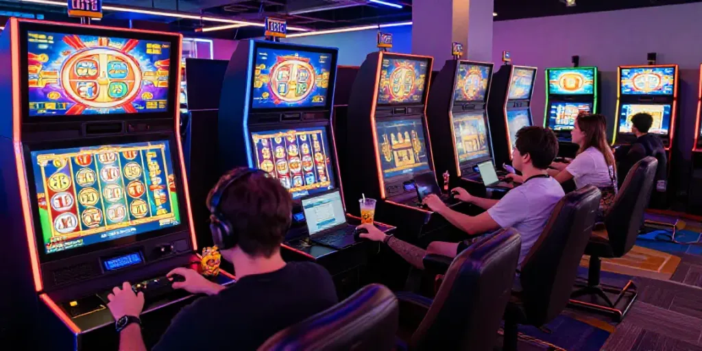 Thrilling online gaming atmosphere showcasing players enjoying psgslot with vibrant slot graphics.