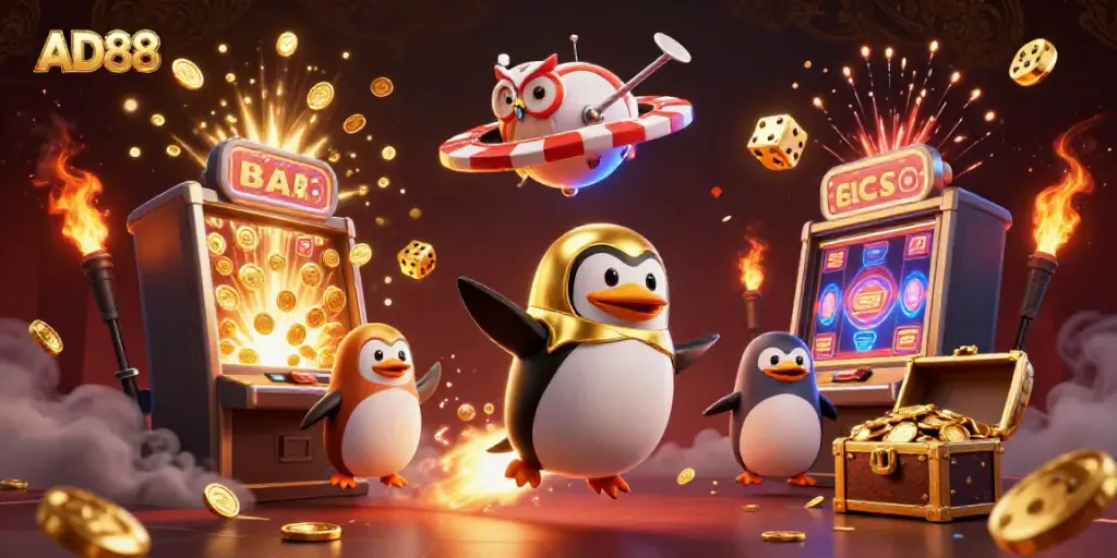 AD88 showcases a rocket-powered penguin flying towards a casino space station amidst gaming elements.