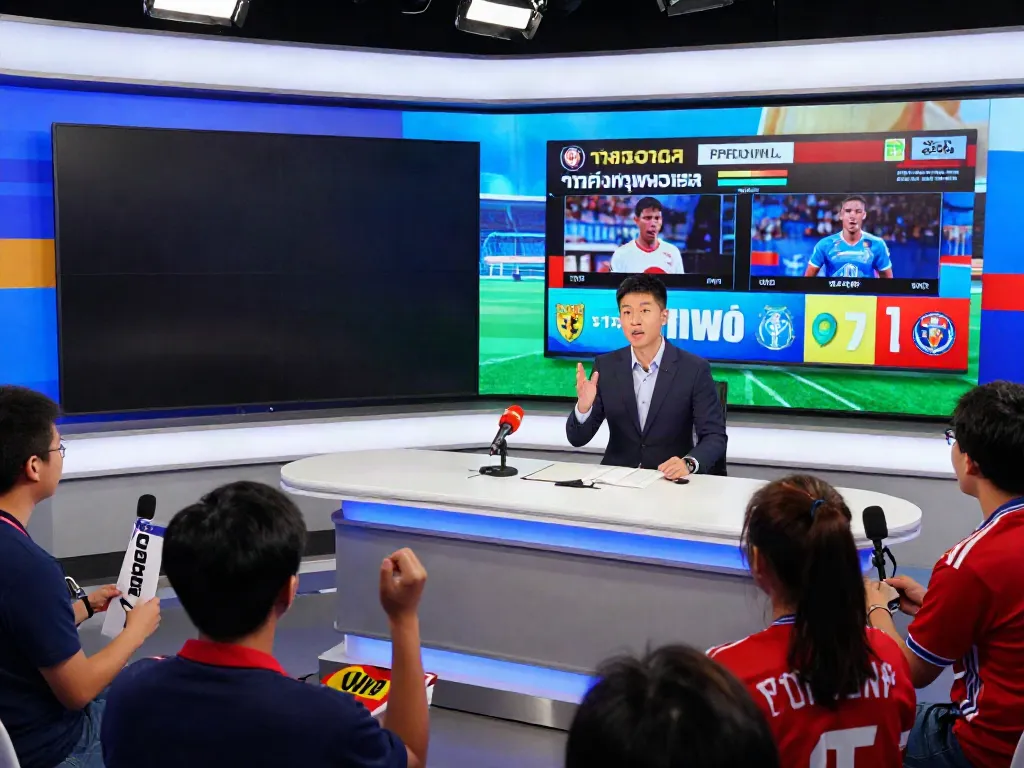 Exciting football news scene highlights ข่าวกีฬาฟุตบอล with journalists discussing player transfers.