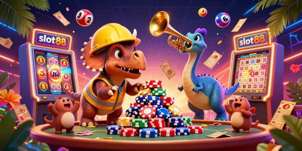 Experience thrilling excitement with slot88 as characters build a vibrant poker chip pyramid in a lively casino.