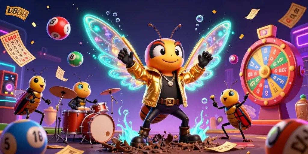 Join the exciting U888 casino experience with a vibrant cicada rock star and dynamic gaming elements.
