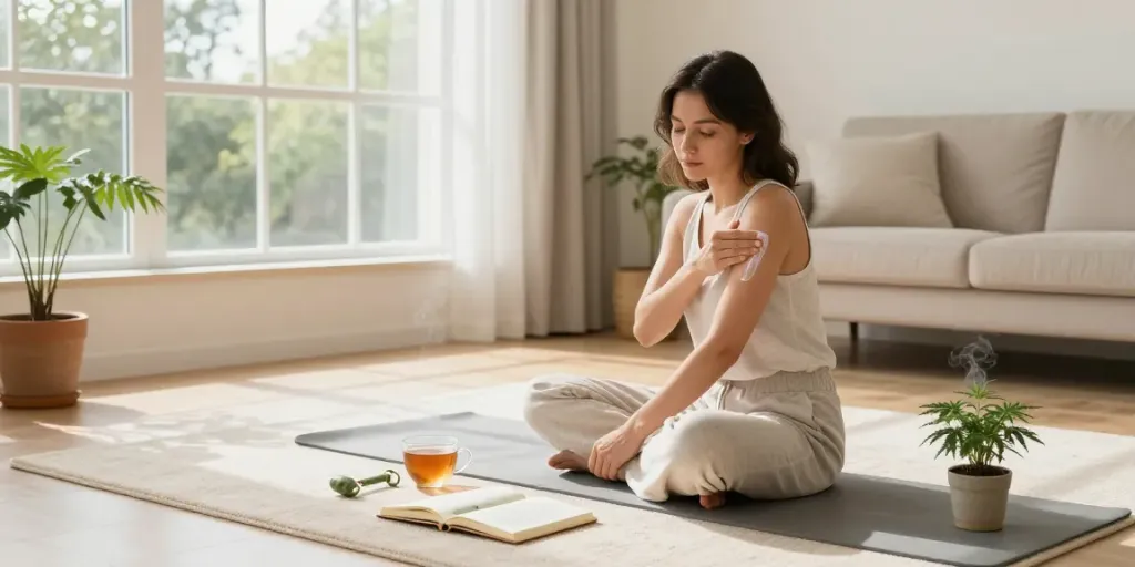 Santa Clarita cannabis dispensary wellness scene featuring CBD cream application in a calming home environment with natural elements.