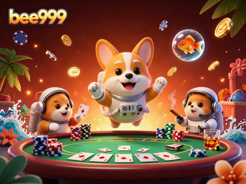 Gamble with bee999 as an astronaut corgi navigates a vibrant casino space.