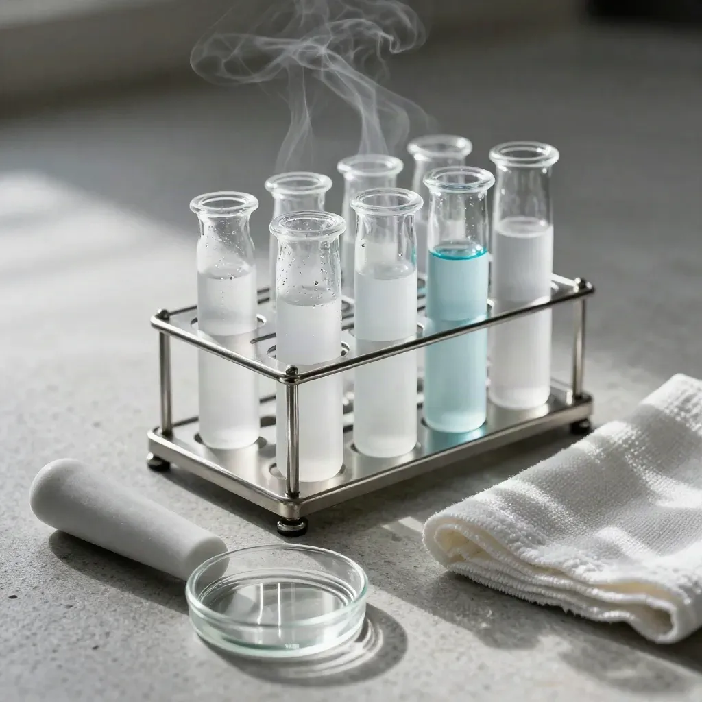 Frosted lab vials in a tube rack beside a ceramic pestle on pale stone with cyan reflections.