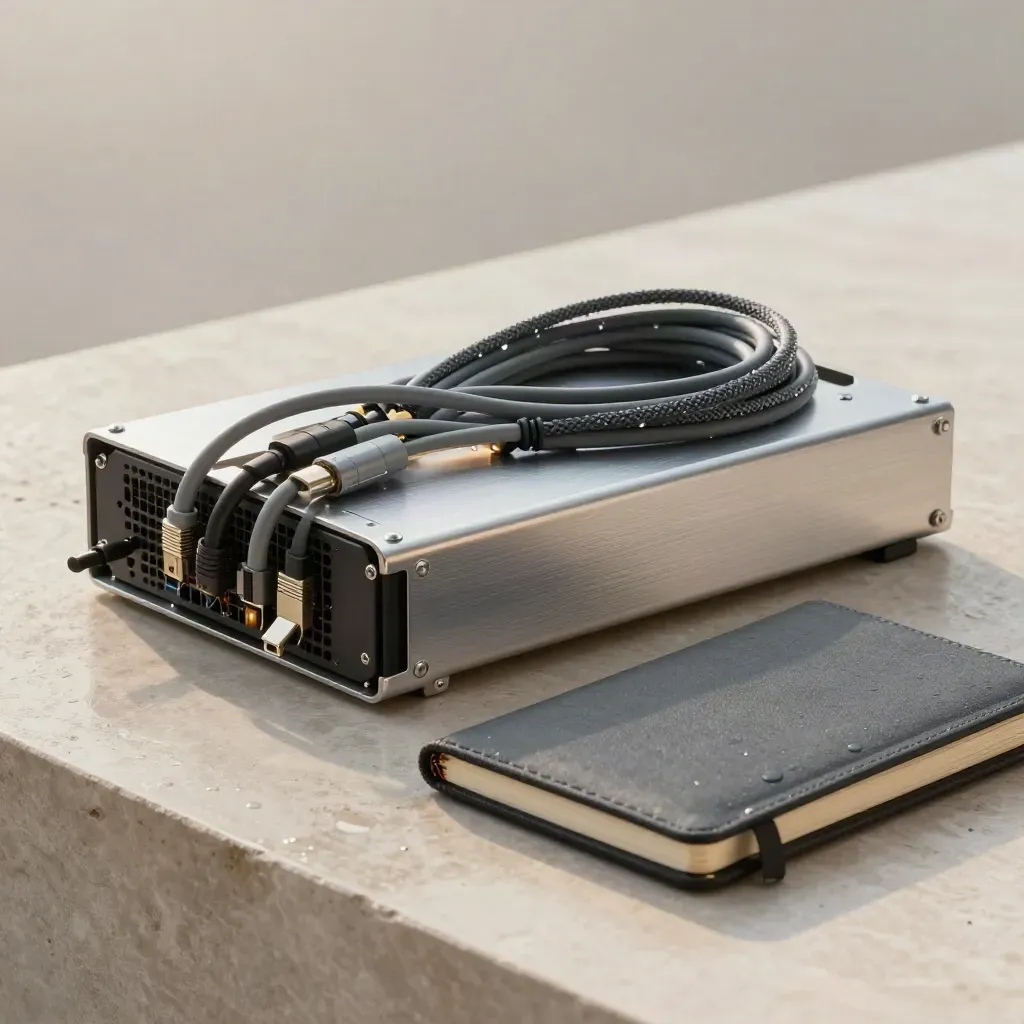 Brushed server drive sleds, braided cables and a graphite notebook on pale stone in soft morning light.