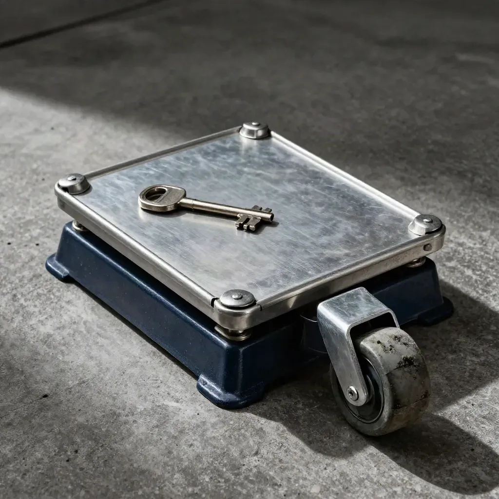 Top-down still life of a parcel scale, cargo corner protectors, and a hand truck wheel hub on dark concrete