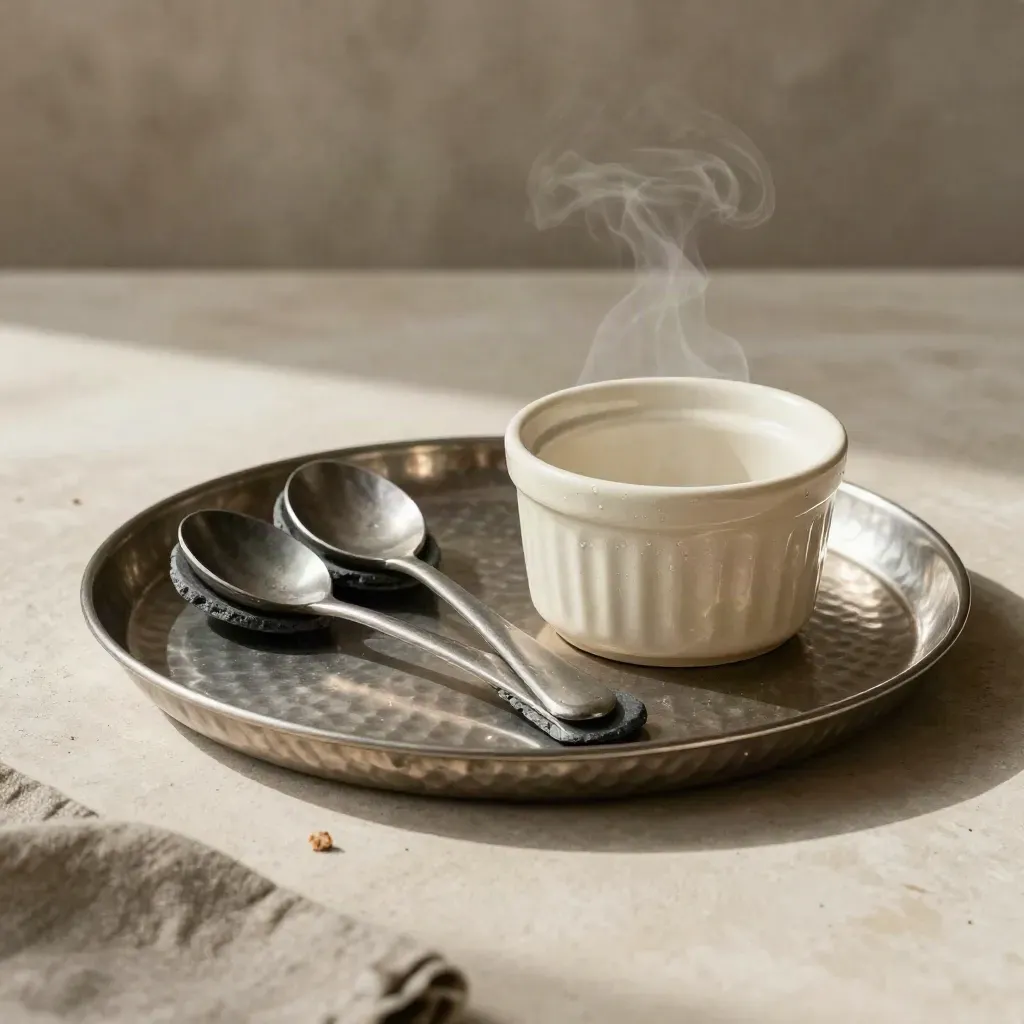 Hammered metal tray, slate spoons, and sealed ramekin on plaster, softly lit with steam