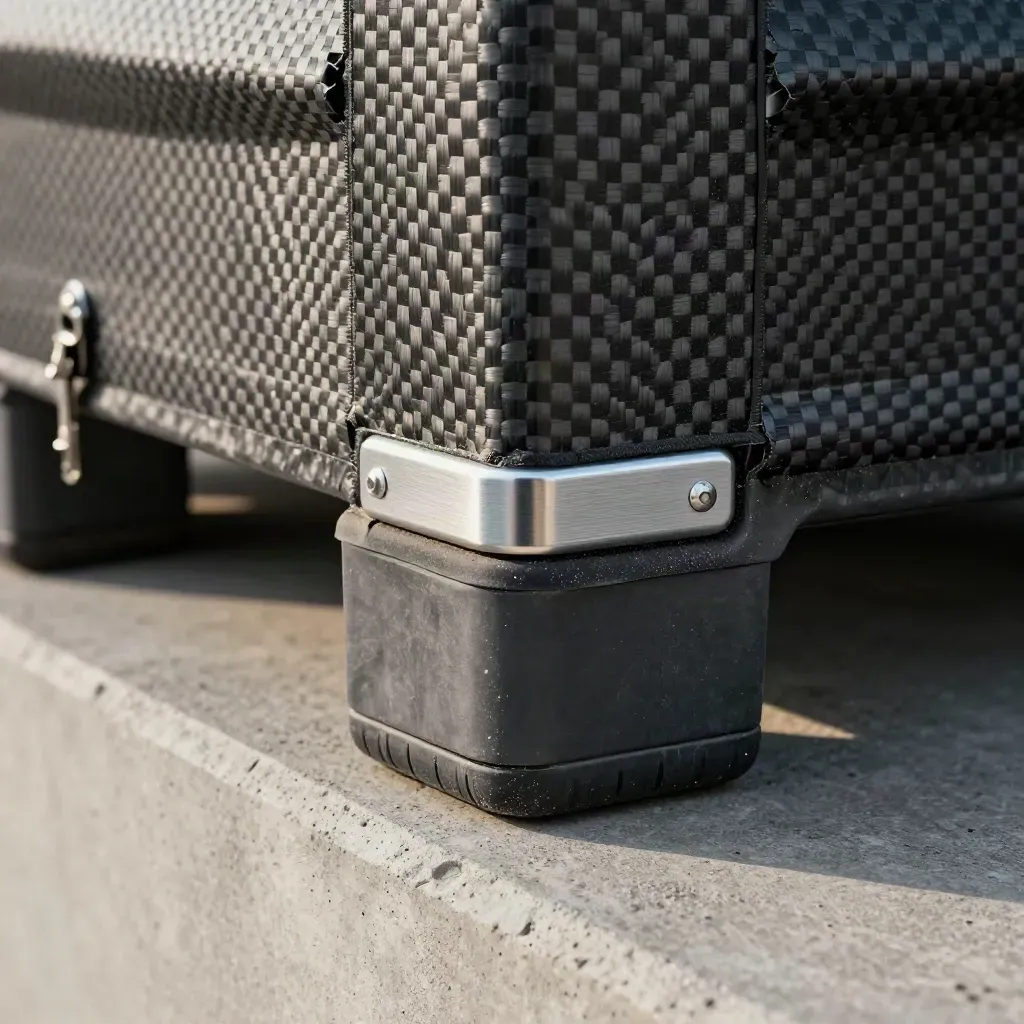 Carbon-fiber pallet wrap, rubber seals and aluminum latch plates on a crate edge.