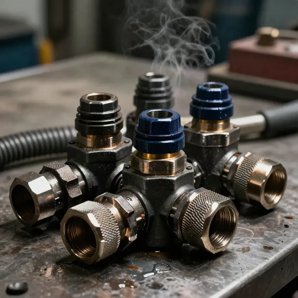 Industrial pump fittings and a graphite hose on a brushed-metal bench in dramatic light.
