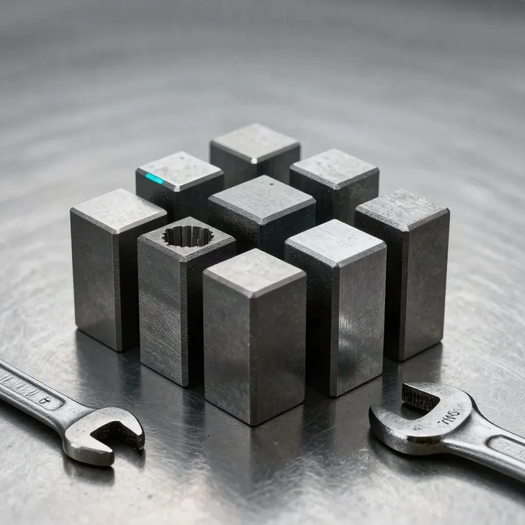 Top-down macro of gauge blocks, square and worn wrench head on brushed steel with cyan glint.