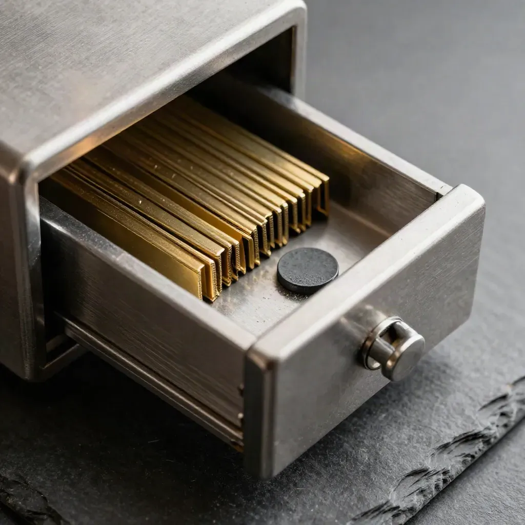 Steel index drawer open with brass tabs and a matte workflow token on slate.