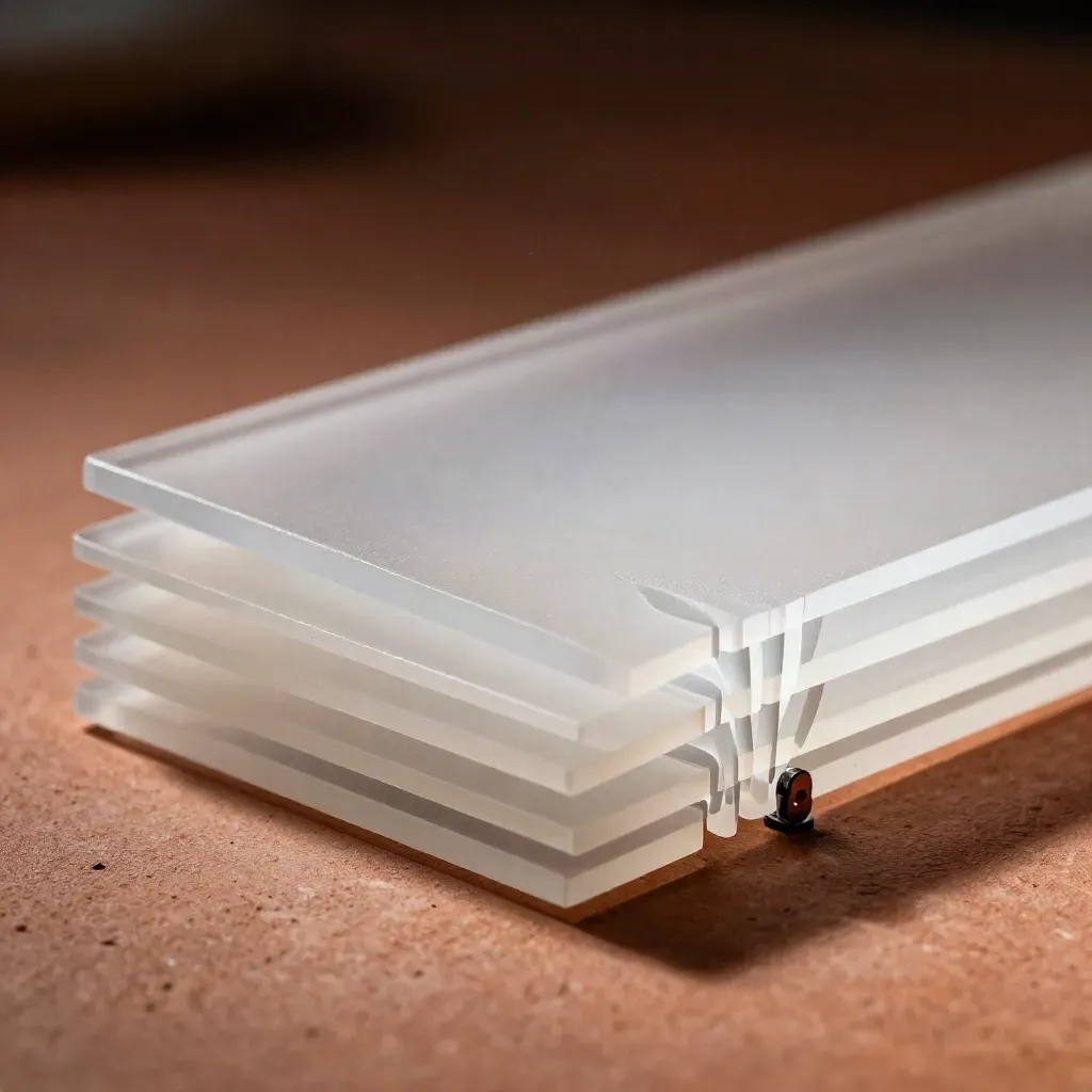 Frosted acrylic separator layers and a pivot piece on terracotta clay under hard side light.