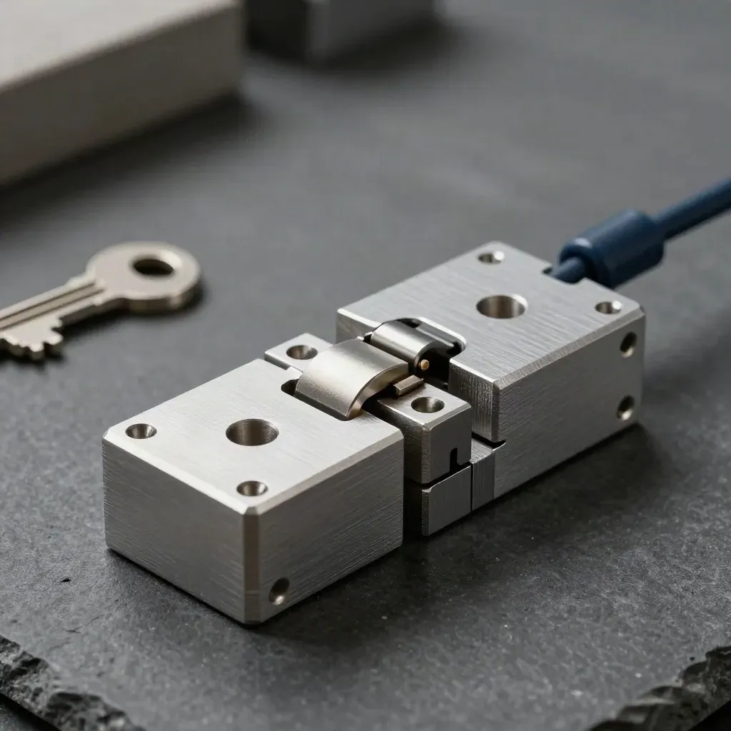 Machined aluminum blocks, hinge, and navy cable coupler on graphite stone, dramatic product still life