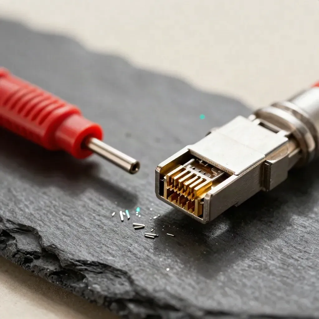 Split ethernet connector, bent pin extractor, and red repair clip on a graphite surface.