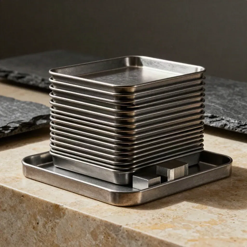 Graphite modular trays with metal spacers and calibration blocks on a limestone plinth.
