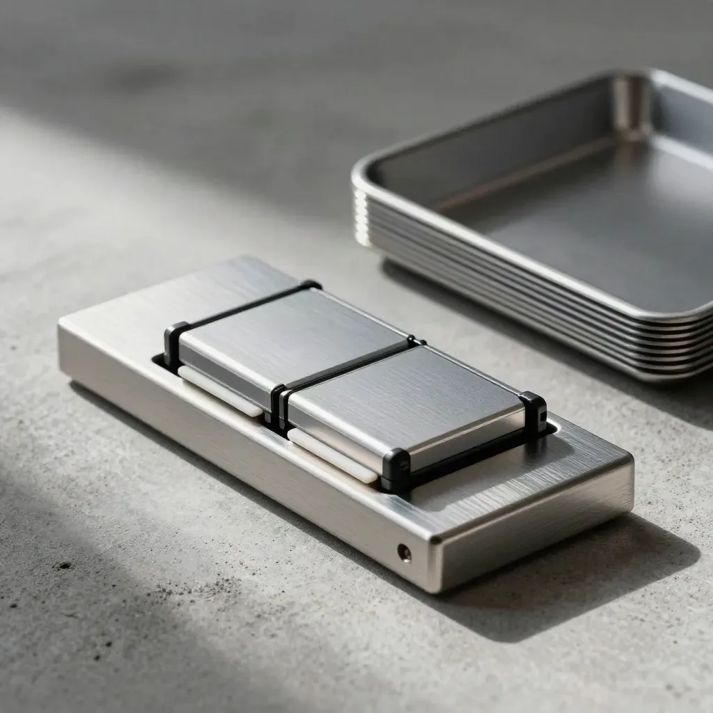 Brushed metal dock with two blank cartridges sliding in beside a stacked transfer tray.