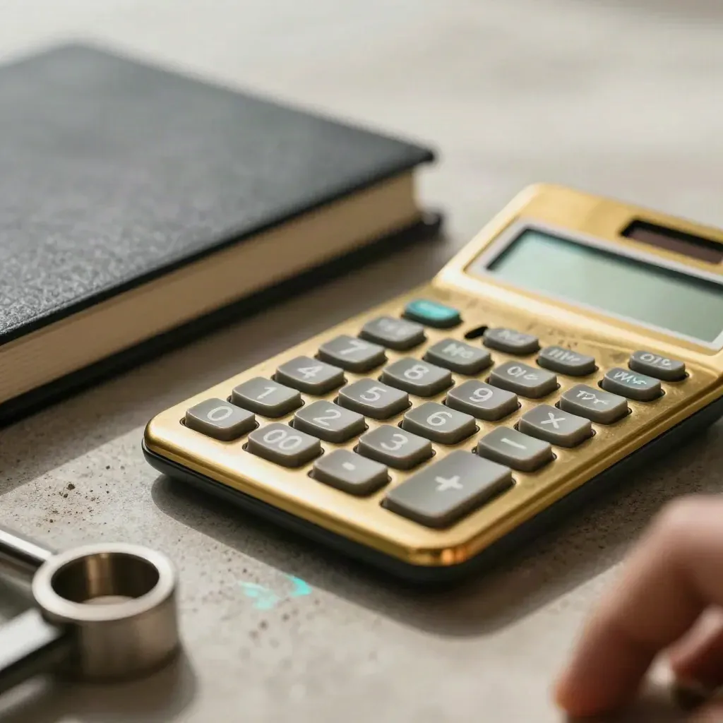 Brass calculator, graphite journal, and steel paperweight seen through a blurred clamp