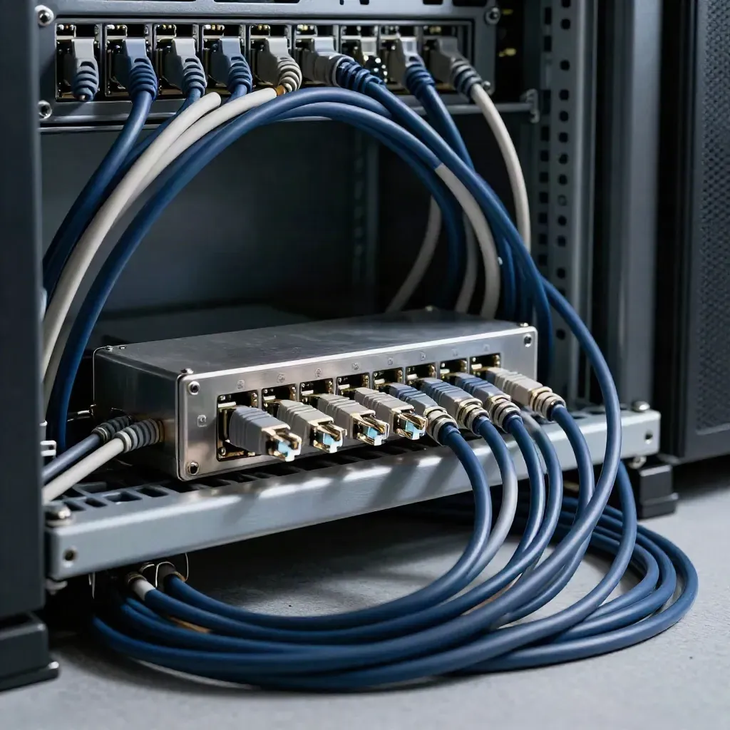 Patch cables, keystone adapter, and braided cord in a dim server-room still life.