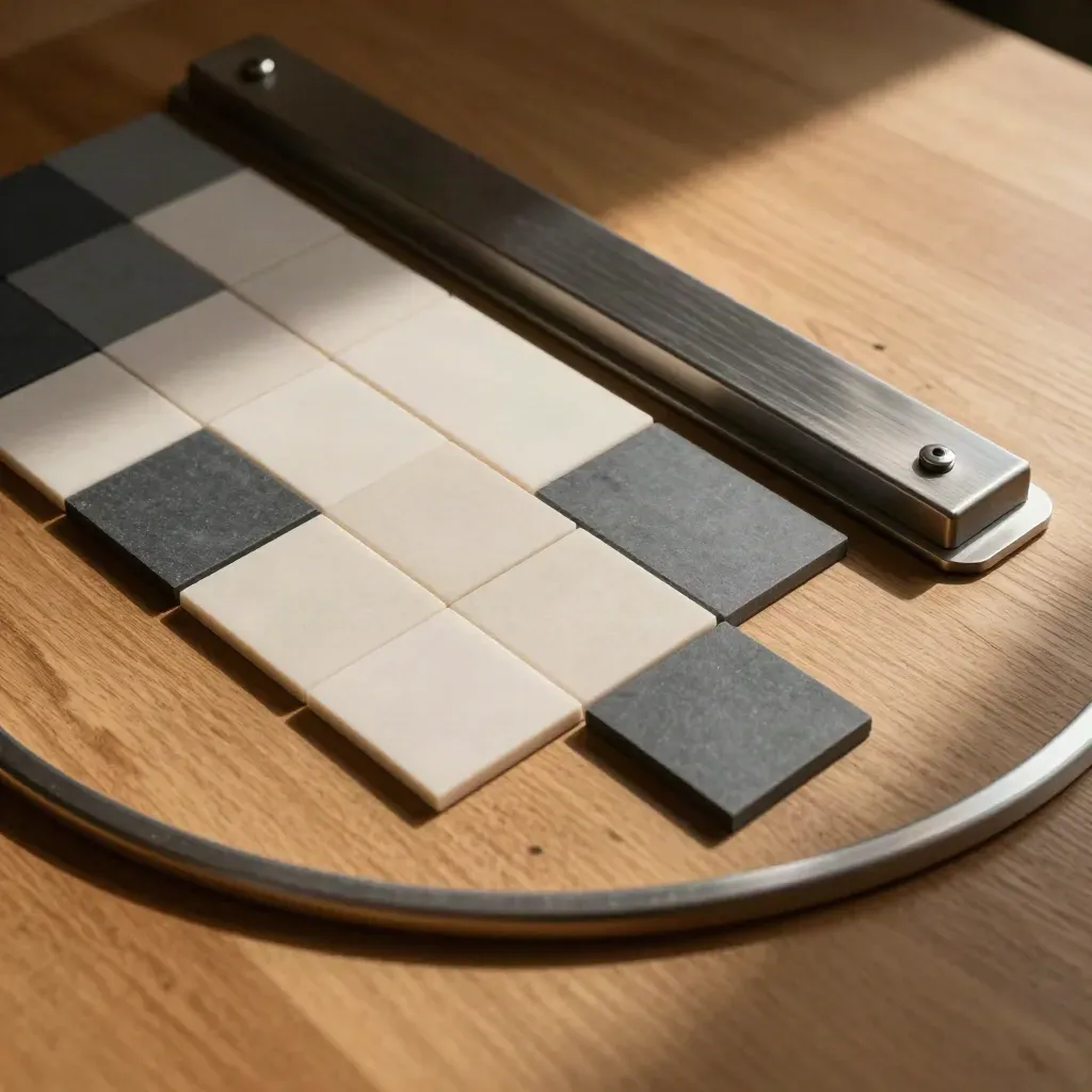 Magnetic planning tiles, divider bar, and paperweight on warm oak surface