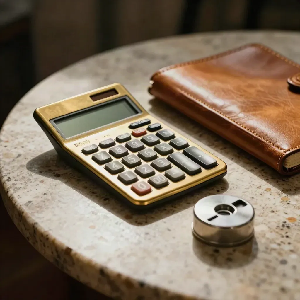 Brass calculator, leather notebook, and steel paperweight on warm stone in dramatic studio light.