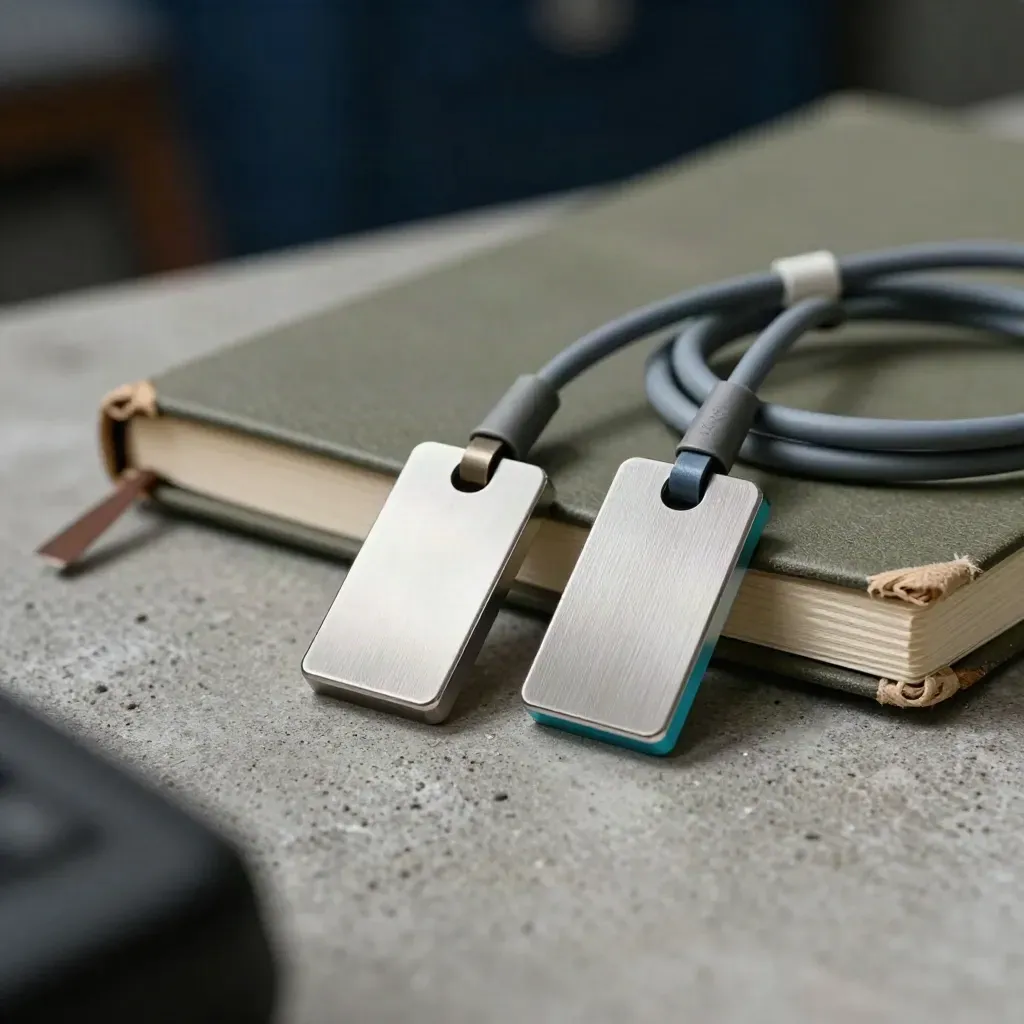 Metal status tokens beside a field notebook and coiled cable on concrete, lit with soft daylight