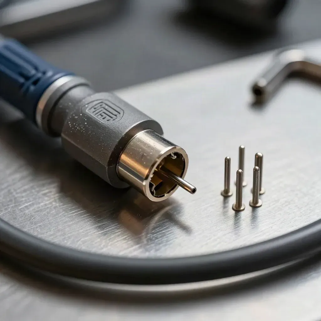 Macro of a broken connector beside a replacement pin set and hex driver on brushed metal.